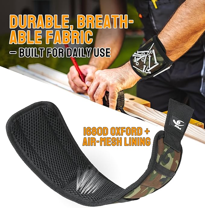 HiRui Magnetic Wristband for Tools – Ultra-Strong 15 Neodymium Magnets Hold Screws, Nails & Bits, Dual Pockets – Hands‑Free for DIY, Home Repairs, Auto – Gift‑Ready for Dad, Husband, Grandpa (CAMO)