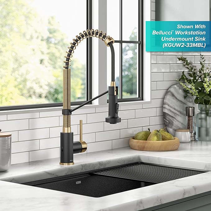 KRAUS Bolden Touchless Sensor Commercial Style 2-Function Single Handle Pull Down Kitchen Faucet in Brushed Brass/Matte Black, KSF-1610BBMB