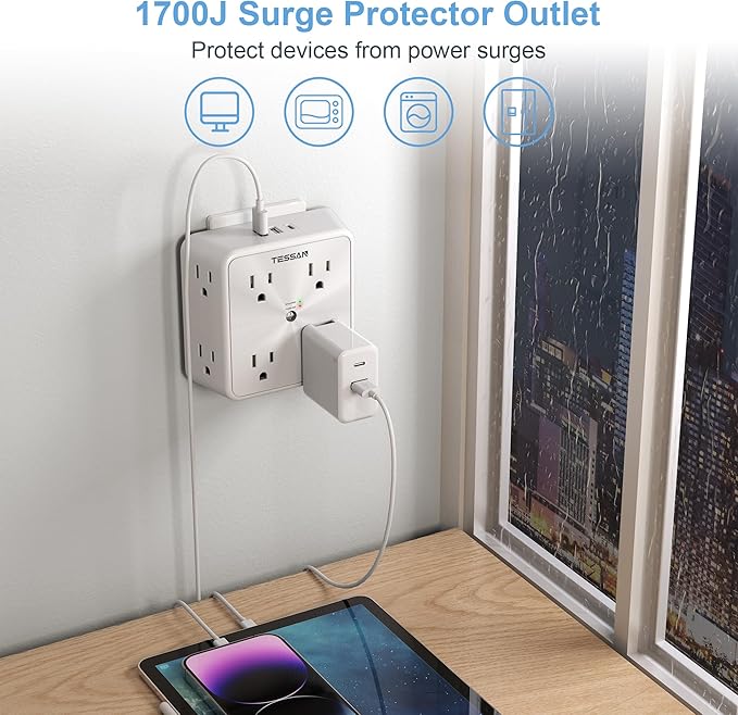 Surge Protector 8 Outlet Extender, TESSAN Multi Outlet Splitter with 3 USB Wall Charger (1 USB C Port), 3-Sided Multiple Plug Power Strip 1700J, Charging Station for Home Office Dorm Room (Pack of 2)