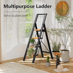 Step Ladder 4 Step Folding Stool with Anti-Slip Widened Sturdy Pedal and Handgrip, Portable Lightweight Aluminum Ladder for Home,Kitchen,300 lbs Capacity-Black+Woodgrain