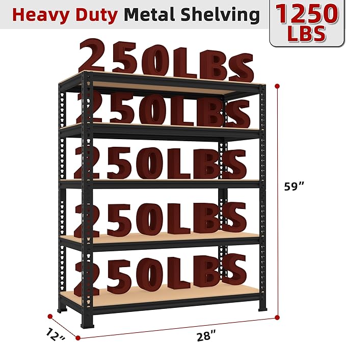 5-Shelf Heavy Duty Shelving - Adjustable Garage Storage Shelves, Metal Utility Storage Racks for Warehouse Pantry Basement Kitchen, Garage Organizers Shef Unit, Black, Packs of 2