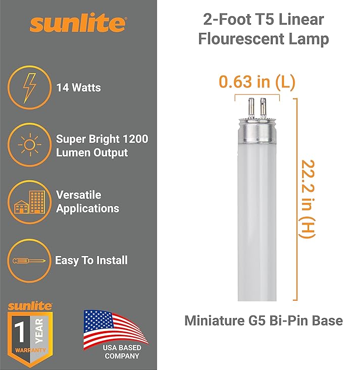Sunlite 30300 F14T5/830 2 Foot T5 Linear Fluorescent Lamp, 14 Watts, 1200 Lumens, 3000K Warm White, Miniature G5 Bi-Pin Base, ROHS Compliant, High Performance Straight Tube, 40 Pack