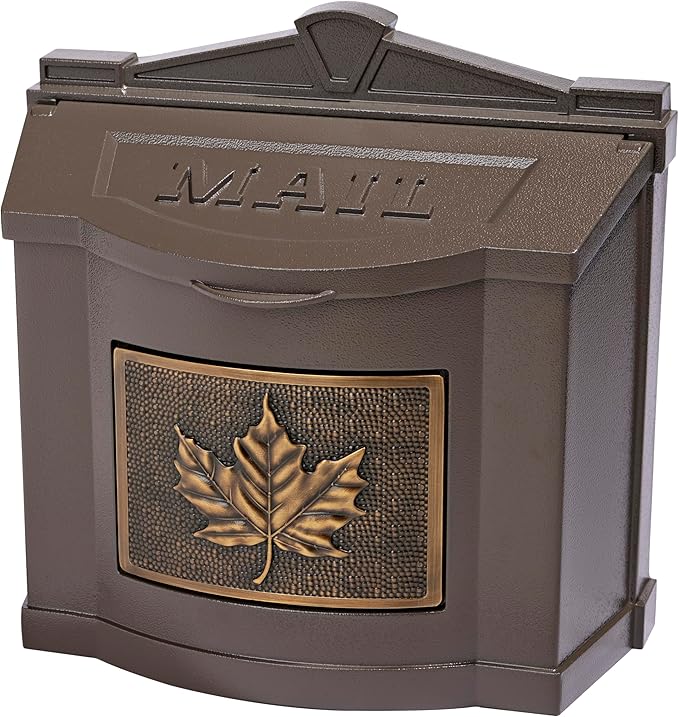 Gaines Wallmount Mailbox - Powder Coated Aluminum with Solid Brass Accents - Mounting Hardware Included (Bronze with Antique Bronze Leaf)