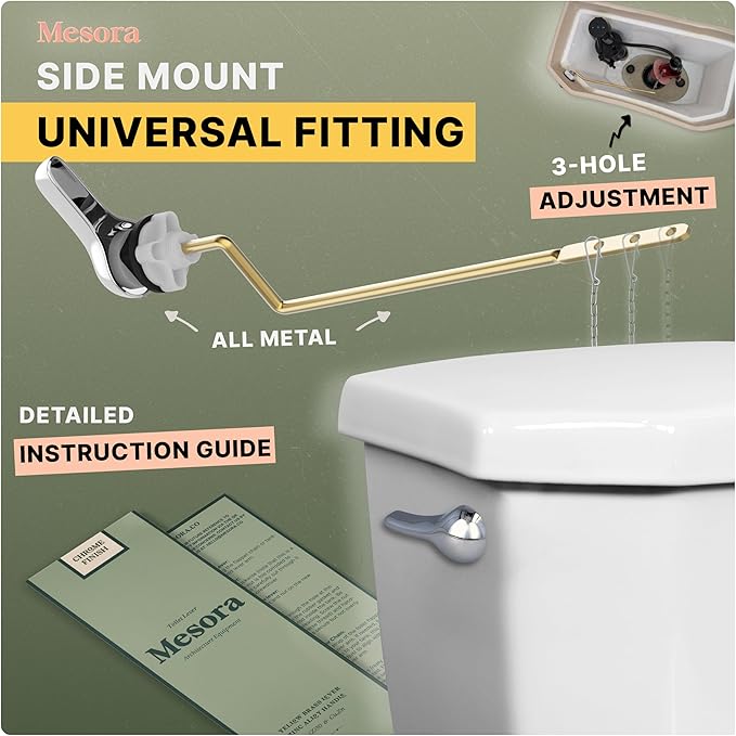 Mesora Universal Metal Side Mount Toilet Handle Replacement Kit with Flapper Chain, Pure Brass and Aluminum, Compatible with Most Toilets - Chrome