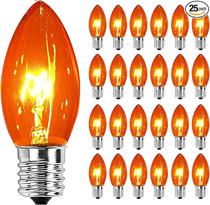 25 Pack C9 Orange Replacement Bulbs, C9 Incandescent Replacement Bulbs for Outdoor Indoor Patio Halloween Christmas String Lights, C9/E17 Intermediate Base Bulbs, 7 Watt, 120 Volt