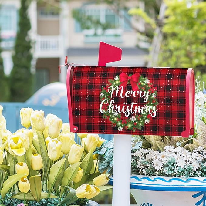 Kawani Merry Christmas Mailbox Cover - Magnetic Standard Size 21x18 Inch Winter Christmas Wreath Red Black Buffalo Plaid Xmas Holiday Wrap for Garden Yard Decor