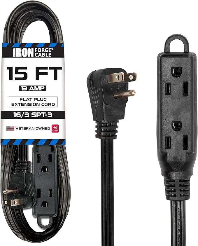 Iron Forge Cable 15 ft Flat Plug Black Extension Cord with 3 Outlets - 16/3 SJTW 3 Prong Indoor Extension Cord with Multiple Outlets