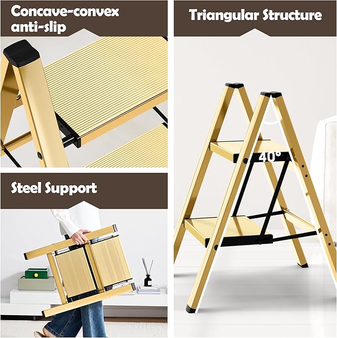 Taranta 2 Step Ladder,Aluminum Lightweight Folding 2 Step Stool with Anti-Slip Wide Pedal,330lbs Capacity Step Ladder for Household,Kitchen,Office - Gold
