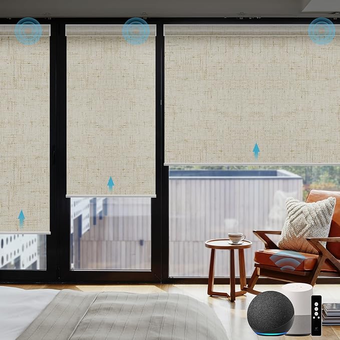 SmartWings Motorized Smart Blinds with Remote, Custom Automatic 100% Blackout Roller Shade Compatible with Alexa/Homekit/Google, Electric Smart Blinds for Indoor Windows, Linen Stone
