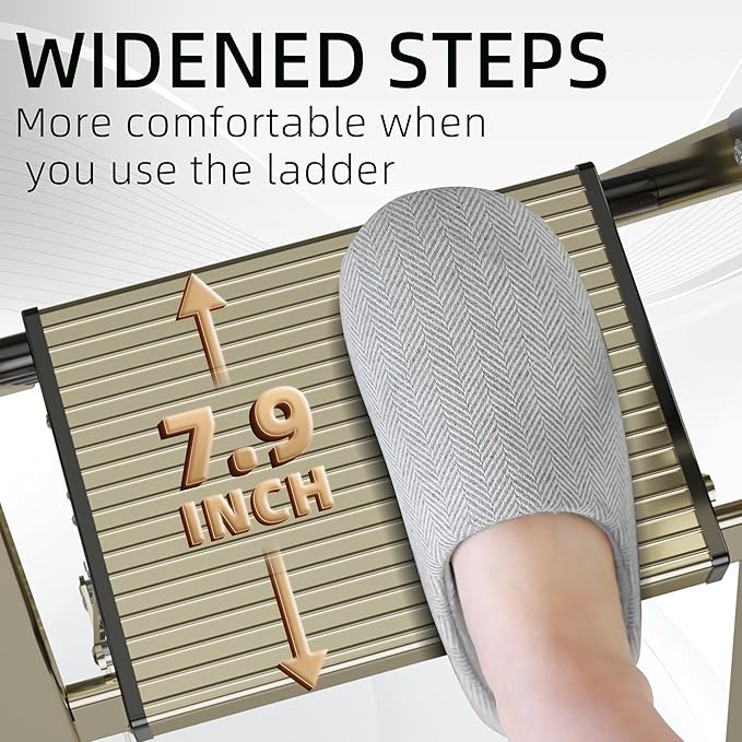 GameGem Step Ladder 6 Step Folding, Aluminum Ladders for High Ceilings, Tall Closet, Cabinet, 6 ft Lightweight Step Ladder with Anti-Slip Foot for Home Use, 330Lbs Load, Champange Gold