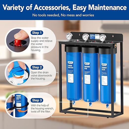 HQUA WF3-02 3-Stage Free-Standing Whole House Water Filtration System, Reduces Heavy Metals (Lead, Mercury, Copper, Nickel, Chromium), Chloramine, Sediment, Odor, and VOC’s