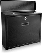 Wall Mount Mailbox, Black Powder Coated Steel, Locking Security Mailbox for Letters and Parcels, 14 x 3.8 x 12.5 Inches
