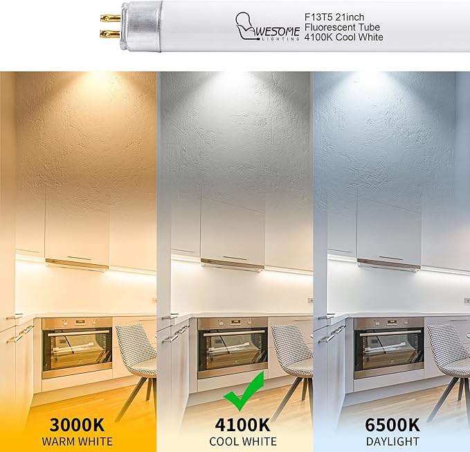 8 Pack 21 Inch F13T5/CW Fluorescent Light Bulb, 4100K Cool White, T5 13 Watts Fluorescent Replacement Bulb for Counter and Cabinet Fixture, G5 Base
