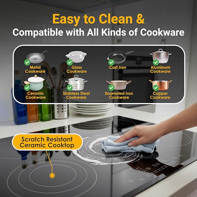 K&H 5 Burner 30 Inch Built-in Electric Stove Top Radiant Ceramic Cooktop Touch Control 240V 8600W CE30-8608