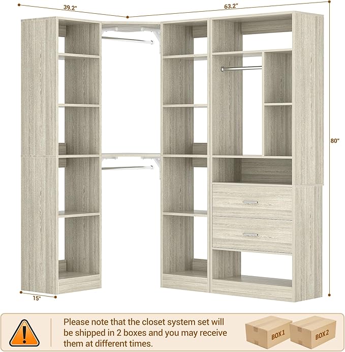 Corner Closet System with 2 Sets, 63.2" Corner Closet Organizer System with 2 Drawers + 18 Shelves + 3 Hanging Rods, Reversible L Shaped Walk-in Closets, White Oak (63.2" L x 39.2" W x 80" H)