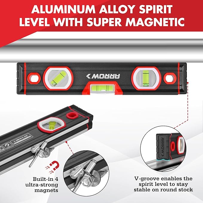 ARROW 3-Piece Spirit Level Set Included 9"/16"/48" Level with 45°/90°/180° Bubbles, Carrying Bag, Aluminum Alloy Body, Precision-Machined Base & Shockproof Rubber End Caps for Construction, Carpentry