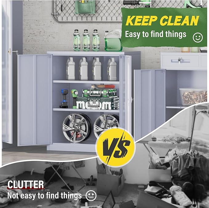 Greenvelly Metal Storage Cabinet, 36" Locking Storage Cabinet with Doors and Shelves, Lockable Storage Cabinets for Home Office, Utility Locker Cabinet, Steel Garage Cabinet with 2 Keys, Dark Grey