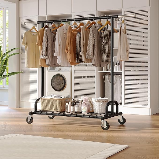 Raybee Heavy Duty Clothes Rack, Clothing Racks for Hanging Heavy Clothes 200+, Rolling Clothing Rack Load 485 LBS, Extendable & Adjustable Portable Commercial Garment Rack with Wheels, Black