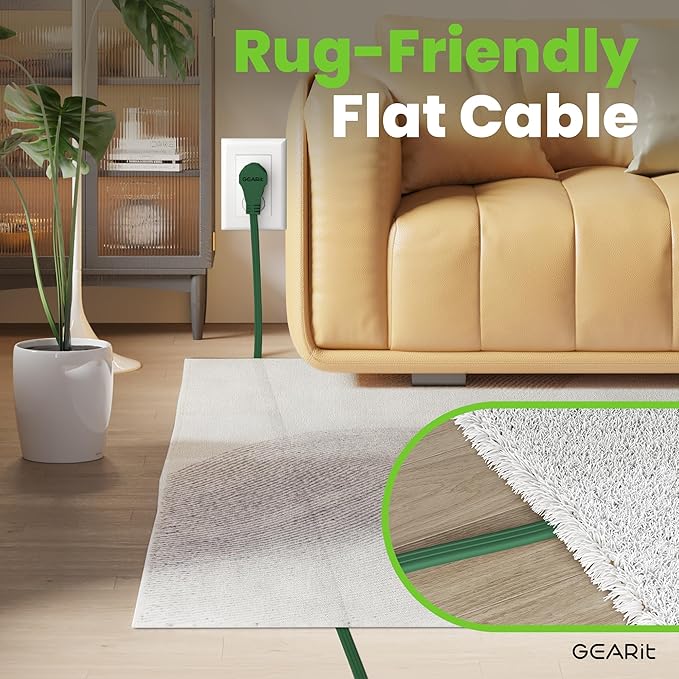 GEARit 360 Rotating Flat Plug Extension Cord with 3 Outlets (10ft, Green) 16AWG/13A 3 Prong Wire, Outlet Saver for Home Office Dorm Room Essentials, ETL Certified