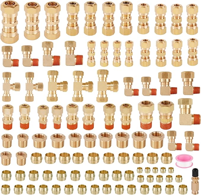 119PCS DOT Air Line Fittings Kit, Brass Compression 6 Size 1/4" 1/8" 3/8" 1/2" 5/8" 5/16" NPT Quick Connect Air Hose Fittings for DOT Air Line