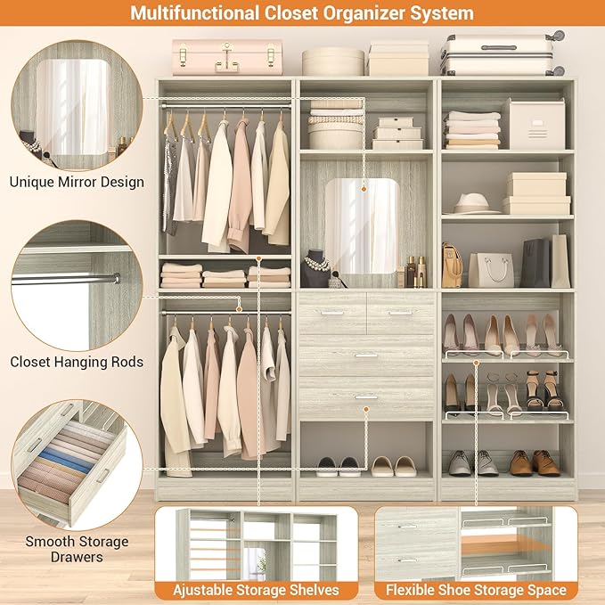 Unikito 75” Closet System with Drawers, 6.2FT Wood Closets Organizer with Hanging Rods and Mirror, Reversible Large Walk in Closet Wardrobe Garment Rack with Shoe Shelves, White Oak