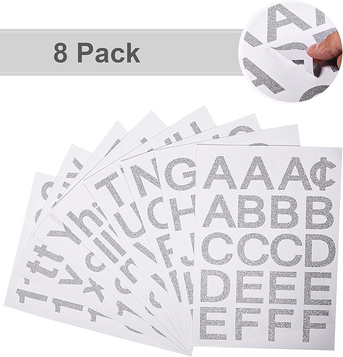 Outus 8 Sheets Vinyl Letter Stickers Self Adhesive Mailbox Numbers Alphabet Stickers Stick on Letters for Christmas Stockings Scrapbook Bulletin Board School Business(2 Inch,Glitter Silver)