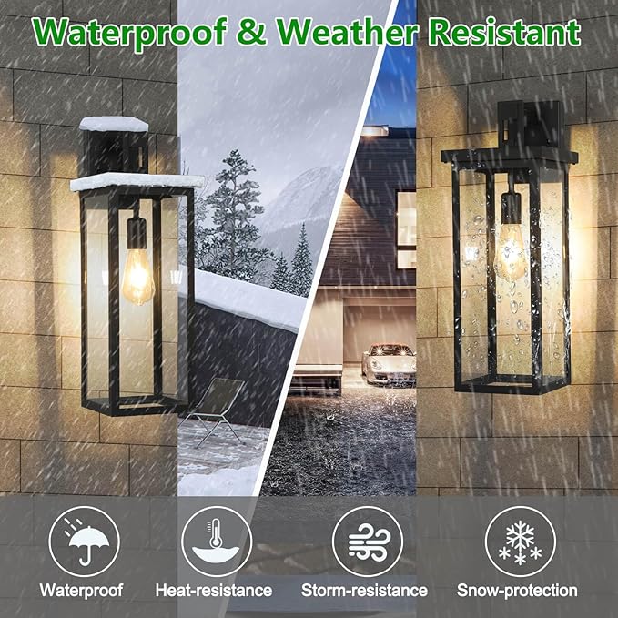 tewei Large Size Outdoor Wall Lantern Exterior Wall Light Fixture, Matte Black Porch Light Waterproof Outdoor Lights for House with Clear Glass Shade, E26 Base Wall Sconces for Garage (1 Pack)