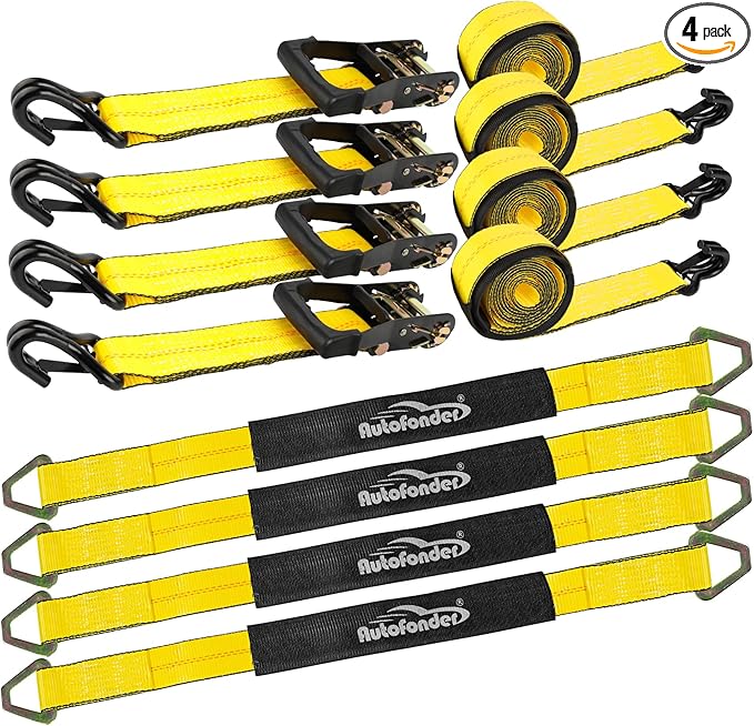 Car Tie Down Straps for Trailers 2inch x10ft - J Hooks with Safety Clips(10,000 Lbs Break Strength)-4 Pack Heavy Duty Vehicle Hauler Strap Tire Ratchet Straps with Axle Straps for Truck Utv Trailer