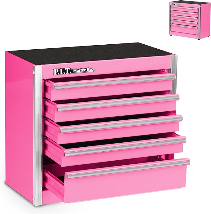 P.I.T. Mini Pink Tool Box, Portable 5-Drawer Micro Roll Cab Steel Tool Box with Liner, Pink Small Tool Case for Tools Storage, Home DIY