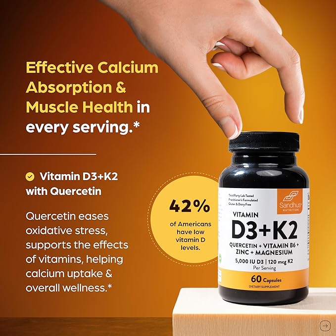 Sandhu's Vitamin D3 K2 Magnesium 5000 IU, 120mcg K2 Capsules 60 Count (Pack of 1) | with VIT B6, Zinc & Quercetin | D3K2 Supports Superior Absorption, Energy, Immune, Muscle Health for Men & Women