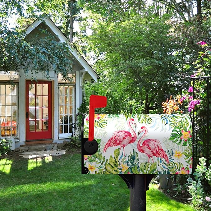 Flamingo Tropical Magnetic Mailbox Covers Summer Palm Leaf Mailbox Cover Decorations Standard Size 21x18 Inch Jungle Floral Post Letter Box Wraps Cover for Garden Decor