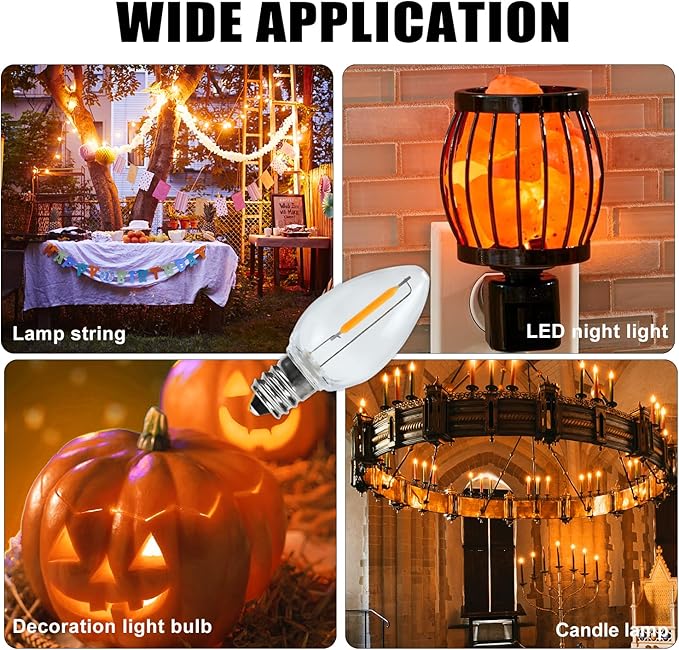C7 Christmas Led Light Bulb, C7 Replacement Night Light Bulb, 0.6W Equivalent 7W Incandescent Bulb, Warm White 2200K, E12 Standard Base, Clear Plastic, 25Pack