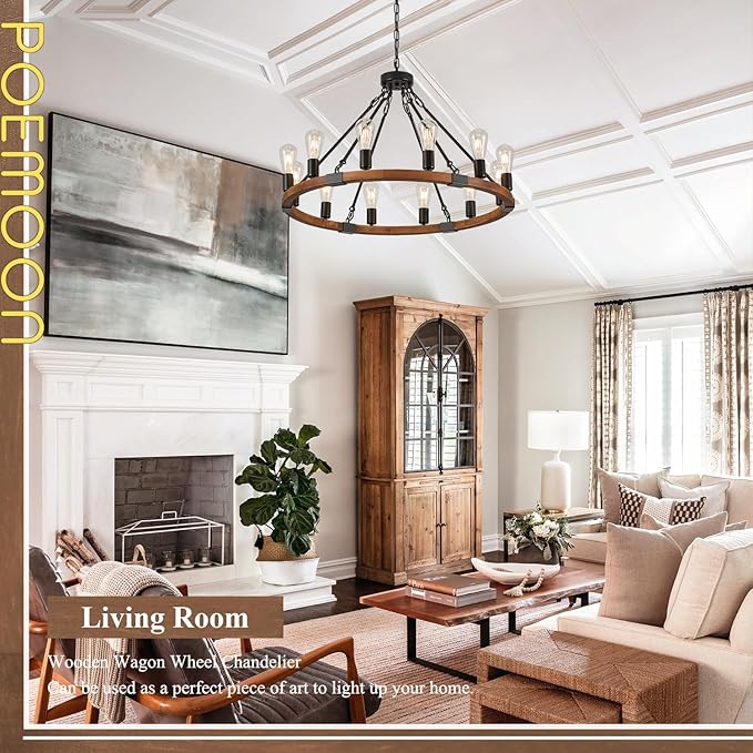 31.5'' Wooden Wagon Wheel Chandelier Farmhouse 12 Lights Wood Round Chandelier Black Rustic Light Fixture for Living Dining Room Entryway Foyer Kitchen