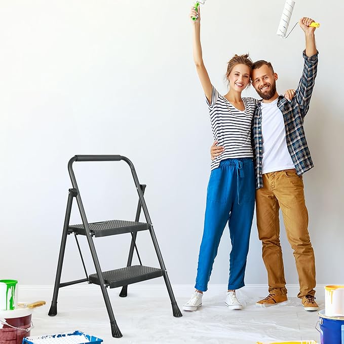 2 Step Ladder, Protable Steel Folding Stool with Wide Anti-Slip Pedal, 500lbs Sturdy Steel Ladder, Black