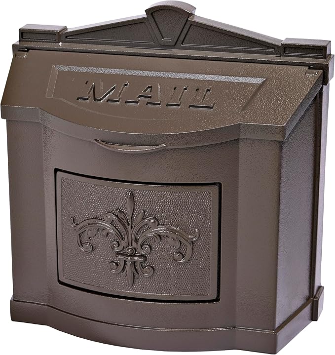 Gaines Wallmount Mailbox - Powder Coated Aluminum with Solid Brass Accents - Mounting Hardware Included (Bronze with Bronze Fleur De Lis)