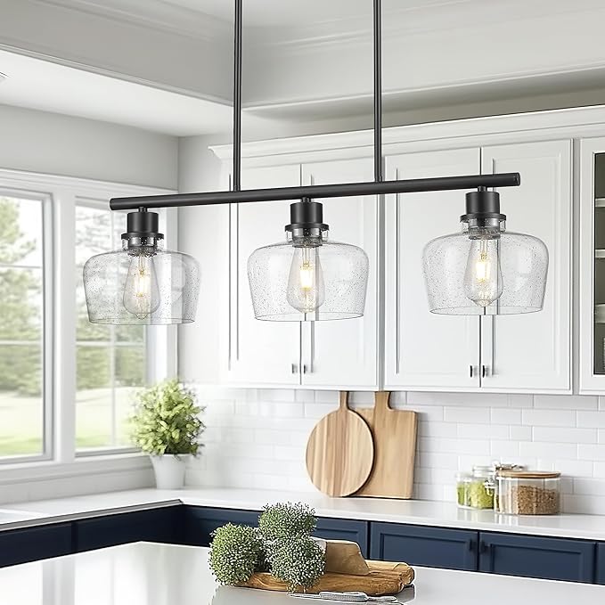 Emak Black Dining Room Light Fixture, Modern 32 Inch Linear Chandelier Lamp with Seeded Glass Shade, Farmhouse 3-Light Kitchen Island Lighting for Kitchen, Dining Room, Bar, IL122-BK-SG-3