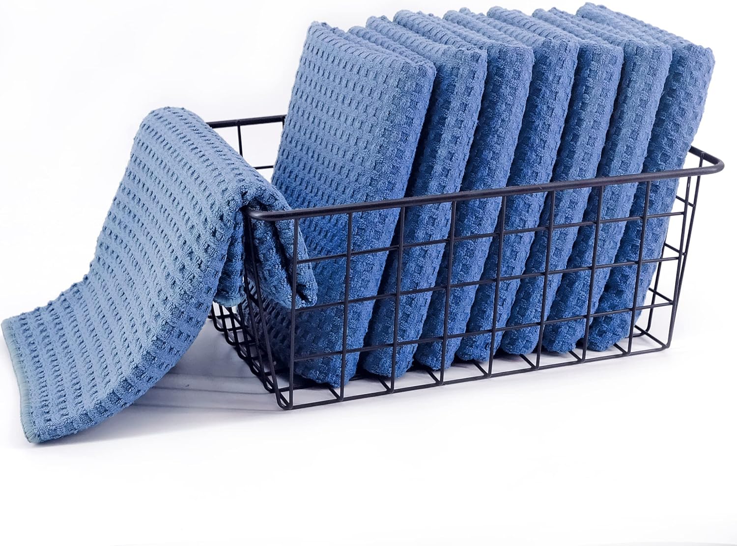 POLYTE Ultra Premium Microfiber Kitchen Dish Hand Towel Waffle Weave, 8 Pack (16x28 in, Blue)