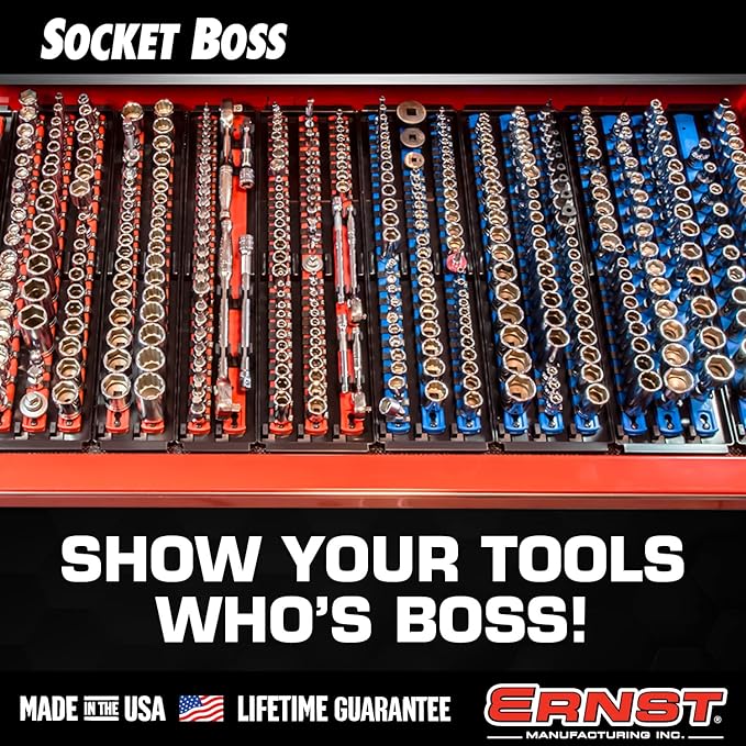 Ernst Manufacturing Socket Boss 2-Rail 1/4-Inch-Drive Socket Organizer, 13-Inch, for Toolbox drawer - Blue (8495) - Made in the USA