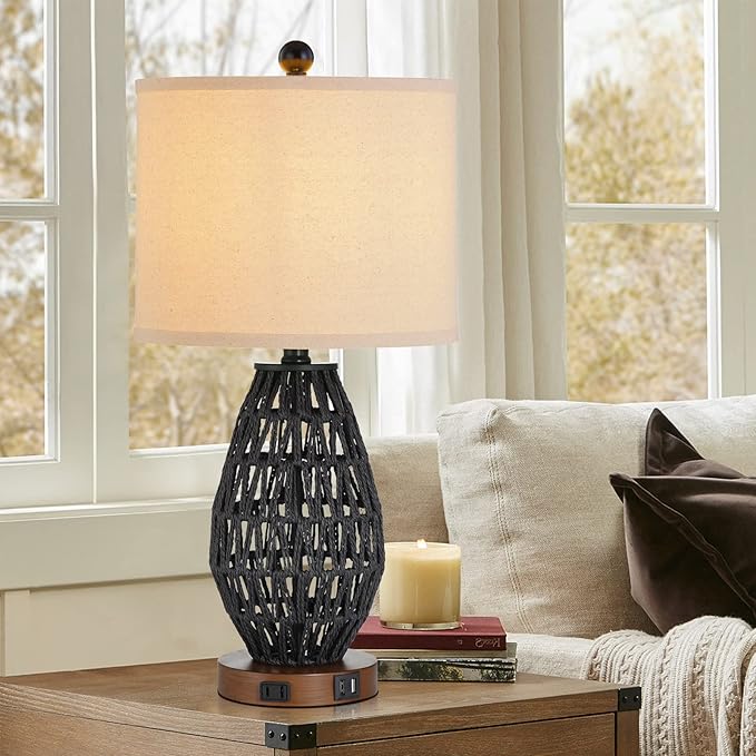 Touch Control Rattan Table Lamps, 3 Way Dimmable Bedside Lamps for Bedroom Set of 2 with 2 USB Ports and AC Outlet, Black Wicker Nightstand Lamps for Living Room (LED Bulbs Included)