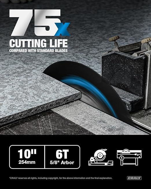 CRALY 10 Inch 6 Teeth Hardie Fiber Cement Circular Saw Blade, 5/8 Inch Arbor, Polycrystalline Diamond Tipped (PCD), Thin Kerf, Black Ice Coating, for Laminate Flooring(C1006FC)