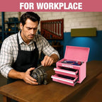WORKPRO Metal Mini Tool Box, Top Tool Chest containing Two Drawers with Ball Bearing Slides, PVC Drawer Liners and PP Feet Pads, Cold Rolled Steel Small Toolbox for Multi-Purpose Storage - Pink Ribbon