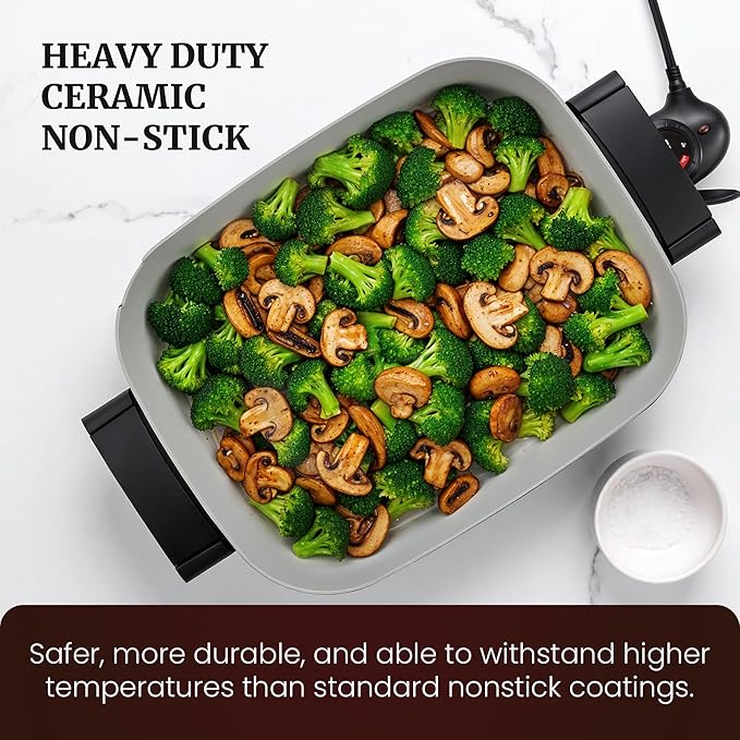 Elite Gourmet EG4403 15" x 12" x 3” Stow-Away Foldable Electric Skillet, Ceralast™ Ceramic Non-stick, 1500W Rapid Heat, Dishwasher Safe Pan & Lid, Black/Gray