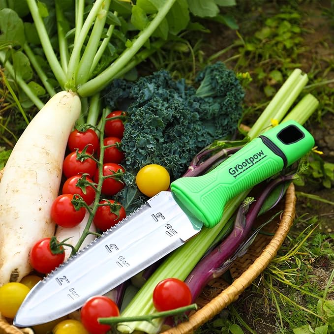 Grootpow GK01 Hori Hori Garden Knife, Full Tang Gardening Knife with 7.1" Stainless Steel Double-Edged Blade, Heavy Duty Gardening Hand Tool for Weeding and Gardening with Oxford Sheath - in Gift Box