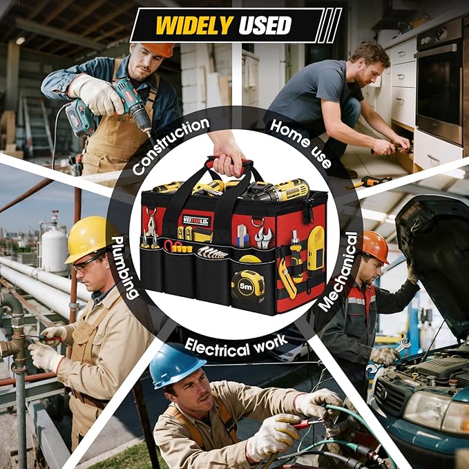 16-Inch Heavy Duty Tool Bag, 19-Pockets Tool Box Organizer, Portable Toolbag W/Soft Handle for Organized Storage, Mechanic Gifts for Men Dad Husband Him Christmas, Wide Mouth Toolbox Organization, Red