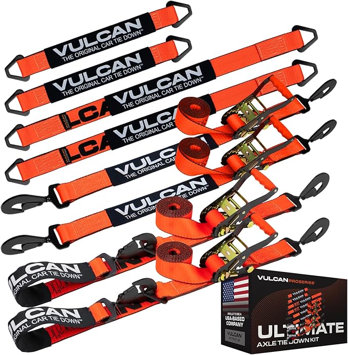 VULCAN Ultimate Axle Tie Down Kit - Heavy Duty ProSeries Webbing - Includes (2) 22 Inch and (2) 36 Inch Axle Straps, (2) 96 Inch Snap Hook Ratchet Strap, and (2) 112 Inch Loop Tie Down Combinations