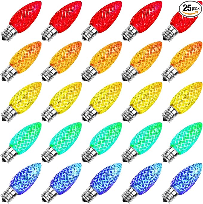 Meconard C9 Led Replacement Christmas Light Bulbs, C9 Shatterproof Led Bulbs for Christmas Indoor Outdoor String Lights, E17 Intermediate Base, Commercial Grade Holiday Bulbs, Multi-Color, 25Pack