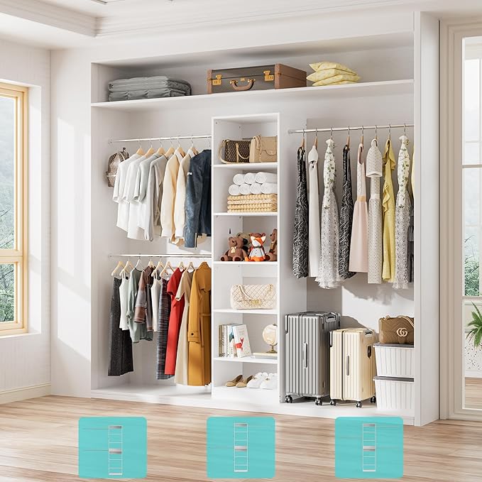 Walk in Closet Organizer System - Built-in Garment Rack with 6 Shelves and 3 Extendable Hanging Rods, Wall Mounted Clothes Organizers Storage Systems for Bedroom