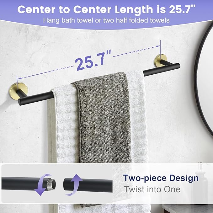 Black and Gold Bathroom Hardware Accessories Set,4 Pieces Towel Bar Set 27.5 Inch Towel Bar,Rack Set for Bathroom SUS304 Stainless Steel Towel Holder Set,Wall Mounted