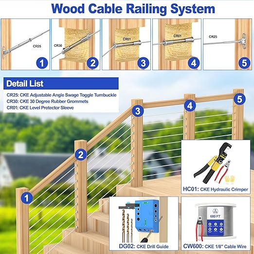 CKE 10 Pairs Cable Railing Kit 1/8" Swage Toggle Turnbuckle Hardware T316 Stainless Steel Cable Railing Hardware for Wood Post, Angle 180° Adjustable Stairs Deck Cable Railing Kit 20 Cable Lines, CR25