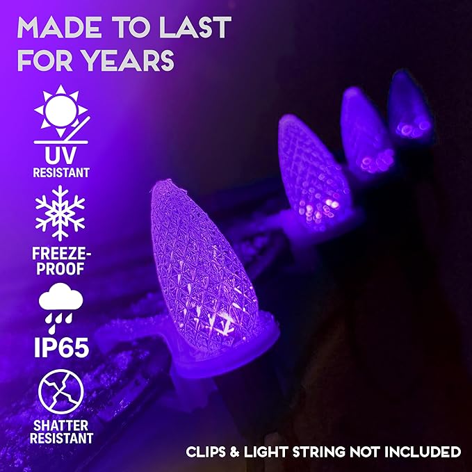 HLO Lighting Set of 500 Purple C9 Faceted LED Christmas Light Bulbs for Indoor & Outdoor Use | Durable Replacement Bulbs